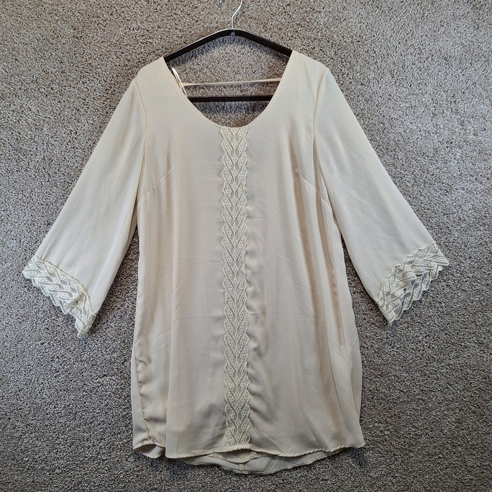 ASTR Dress Womens LARGE Cream‎ Lace Trim Long Sleeve Mini Boho Chic